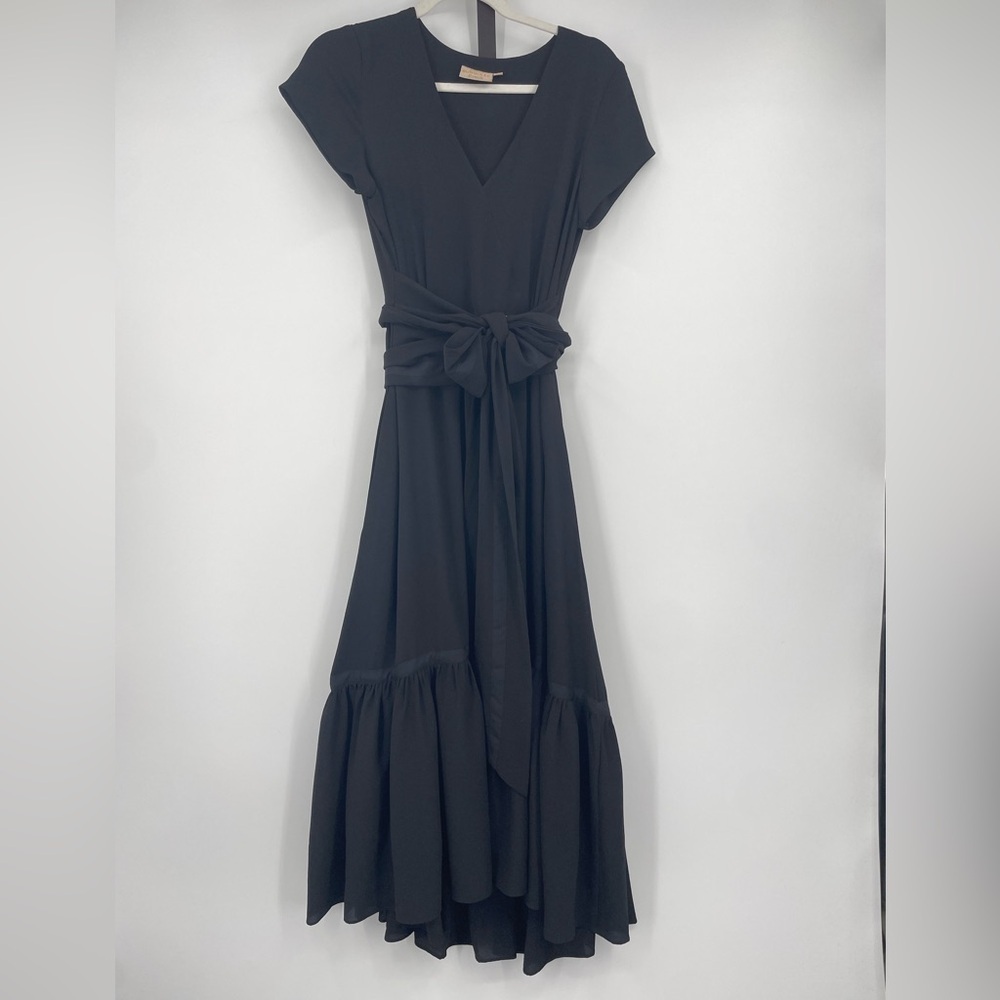 Rungolee black v‎ neck tie belted tie dress long tiered ruffle Sz XS